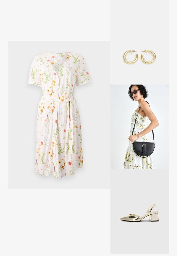 Virágmintás ruha V nyakkivágással, rövid ujjúakkal és övvel a deréknál. Könnyű anyagból készült, krém alapszínnel és színes virágokkal.; Arany, fémből készült slingback sarkú cipők hegyes orral és vastag sarokkal. Simaság, minimalista design és keskeny pánt jellemzi.; Fekete bőrtáska ívelt formával, levehető pánttal és arany színű fémrészekkel. A táskán egy csattal díszített fedél található.; Arany fülbevalók sima, fényes felülettel. Kör alakú dizájn, amely kis kapoccsal és átlátszó tartozékkal rendelkezik a biztonságos viselés érdekében.