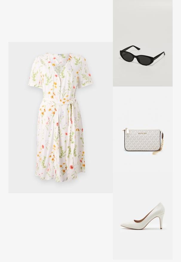 Floros suknelė su V formos iškirpte, trumpomis rankovėmis ir diržu liemeniui. Pagaminta iš lengvo audinio, su kreminiu fonu ir spalvingomis gėlėmis.; Baltos lakuotos odinės aukštakulnės bateliai su smailiu nosiu ir lygiu paviršiumi, turintys liesą kulną ir žemą iškirpimą aplink atidarymą.; Juodos saulės akinios, kurie turi siaurą, katės akies formą. Pagaminti iš lygaus plastiko, su tamsiais objektyvais ir subtiliais logotipo akcentais ant šventyklų.; Michael Kors rankinė smėlio spalvos dengto kanvoje su pakartotiniu MK logotipo raštu, auksinėmis detalėmis ir nuimamu grandininiu dirželiu.