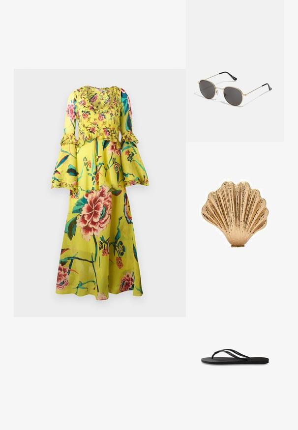 Kukallinen maksimekko kirkkaan keltaisena, jossa on röyhelöiset pitkät hihat, pyöreä pääntie ja väljä siluetti, jossa on monia värikkäitä kukkakuoseja.; Mustat flip-flopit, joissa on röpelöinen kumipohja, kaksi hoikkaa remmiä ja hillitty, kohokuvioitu logotyyli remmissä.; Pyöreät aurinkolasit tummilla linsseillä, ohuella kultaisella metallikehyksellä, muovilla päällystetyillä temppeleillä ja säädettävillä nenätyynyillä. Minimalistinen muotoilu, jossa on klassinen ilme.; Kultaisten sävyjen kuoren muotoinen koriste-esine, jossa on teksturoitu pinta ja uritettu muotoilu. Esineessä on tasainen pohja, joka takaa vakauden.