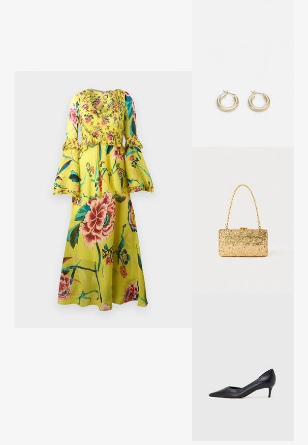 Ziedu maxi kleita spilgti dzeltenā krāsā, ar volānu garām piedurknēm, apaļu kakla izgriezumu un plūstošu siluetu ar dažādiem krāsainiem ziedu rakstiem.; Melna ādas kurpe ar smailu purngalu un zemu papēdi. Raksturota ar gludu tekstūru un smalku spīdumu. Priekša ar atvērtu izgriezumu papildu detaļai.; Zelta sekmju soma ar taisnstūra formu, kurai ir savīti ķēdes rokturi un metāla aizdare, kas atspoguļo gaismu ar teksturētu apdari.; Lauren Ralph Lauren BASIC SMALL HOOP - Auskari - gold-coloured