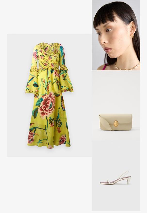 Rochie maxi florală într-o nuanță strălucitoare de galben, având mâneci lungi volătuțe, decolteu rotund și o siluetă fluidă cu diverse modele de flori colorate.; Sandale albe cu toc mic, curele subțiri și o textură netedă din piele; prezintă o cataramă decorativă mică.; Geantă de mână din piele bej, cu o textură netedă, formă rectangulară și un închizător oval auriu. Dispune de o curea lungă, ajustabilă.; Cercel de aur purtat pe urechea dreaptă, având un design deschis. Modelul are părul drept, închis la culoare și machiaj minim.