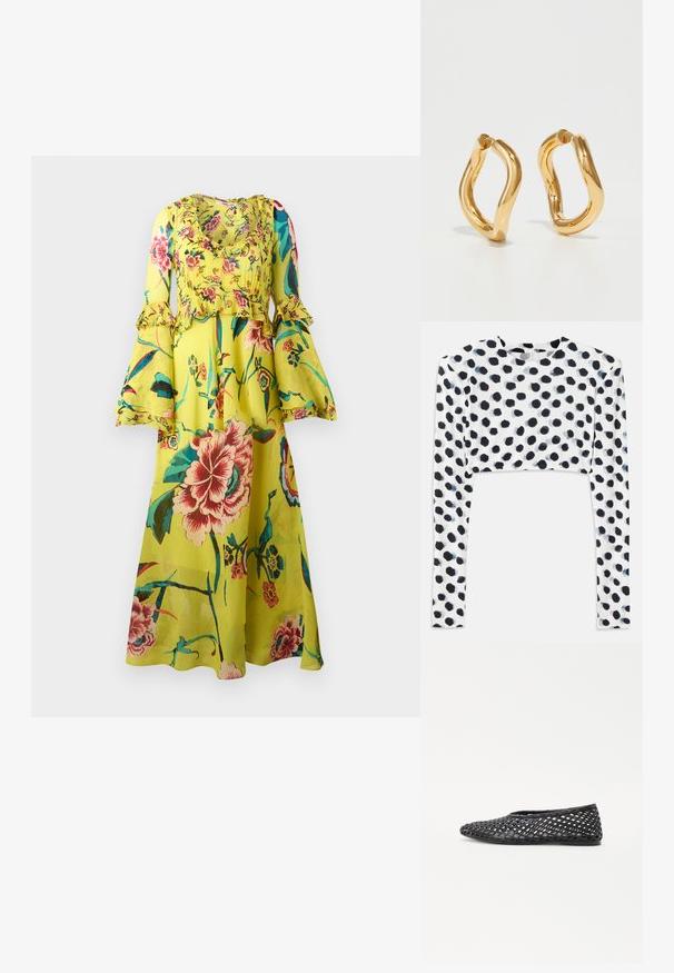 Gėlėtas maksi suknelė ryškiai geltonos spalvos, su raukiniais ilgomis rankovėmis, apvaliu iškirpimu ir laisvu siluetu su įvairiais spalvingais gėlių raštais.; Trumpas ilgomis rankovėmis marškinėliai iš tamprus balto audinio su juodais taškeliais, lygia tekstūra ir apvaliu kaklu.; Juodos audinys slip-on šlepetės su tinklelio dizainu, plokščiu padu ir lygaus gumos medžiaga, užtikrinančia pralaidumą orui ir lankstumą.; Auksinės spalvos lankinės auskarai su kreiviu, nereguliariu siluetu ir sklandžiu, blizgiu paviršiumi. Nėra matomų detalių ar akcentų.