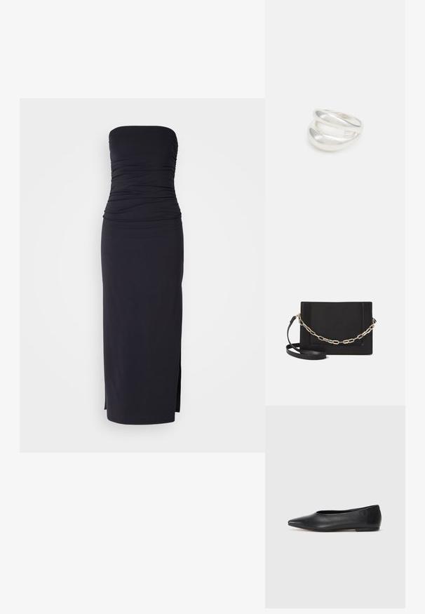 Abercrombie & Fitch STRAPLESS RUCHED MIDI - Obleka iz džersija - black beauty; Črne usnjene balerinke, koničast toe, minimalističen dizajn, gladka tekstura, nizka peta, brez vidnih kovinskih delov ali okraskov.; Črna usnjena torba čez ramo z gladko teksturo, pravokotno obliko in kovinskim verižnim detajlom spredaj. Vključena je nastavljiva naramnica.; Srebrn dvojni prstan z gladko, polirano površino. Ima tekoč, ukrivljen dizajn z prekrivajočimi se sekcijami za sodoben videz.