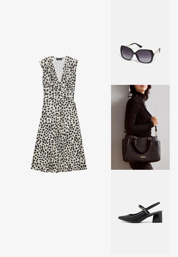 Robe beige avec des pois noirs, décolleté en V profond, manches courtes, taille cintrée et jupe fluide. Tissu lisse.; Escarpins slingback en cuir verni noir avec un embout pointu, un design à découpes arrondies et un talon carré. Présente un accent de boucle en ton doré.; Lunettes de soleil noires surdimensionnées avec des verres dégradés, monture épaisse et détails en chaîne dorée sur les branches.; Sac à main noir avec surface texturée, deux poignées supérieures et bandoulière réglable. Doté de quincaillerie dorée et de poches latérales.