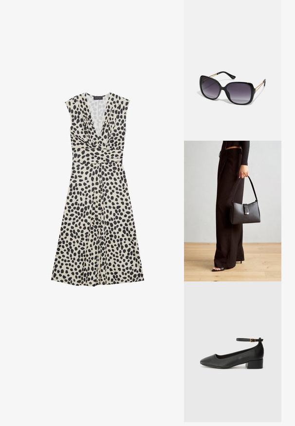 Vestido bege com bolinhas pretas, decote em V profundo, mangas curtas, cintura marcada e saia fluida. Tecido suave.; Sandal de pele preta com bico pontiagudo e um salto bloco baixo. Apresenta uma tira no tornozelo com uma fivela em tom dourado. Textura suave.; Óculos de sol oversized pretos com lentes degradê, armações grossas e detalhes em corrente dourada nas hastes.; Bolsa preta com forma estruturada, textura suave e um fecho metálico. Combinada com calças largas pretas e sandálias de salto aberto sobre um chão de madeira.
