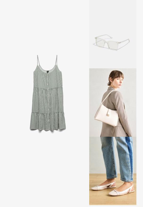 Prugasta zelena in bela brezrokavna obleka z gumbi spredaj in nabranim robom. Narejena iz lahkega blaga z tankimi naramnicami.; Svijetloružičaste slingback balerinke s šiljastim nožnim prstima, napravljene od glatkog materijala nalik koži. Imaju izrezane detalje sa strane i ravne pete.; Prozorne kvadratne plastične očala s prozornimi lečami, ki imajo zlato dekoracijo na ročajih za dodaten pridih podrobnosti.; Bela usnjena torba s strukturirano zasnovo, opremljena z magnetnim zapiranjem in naramnico, prikazana na nevtralni ozadju.