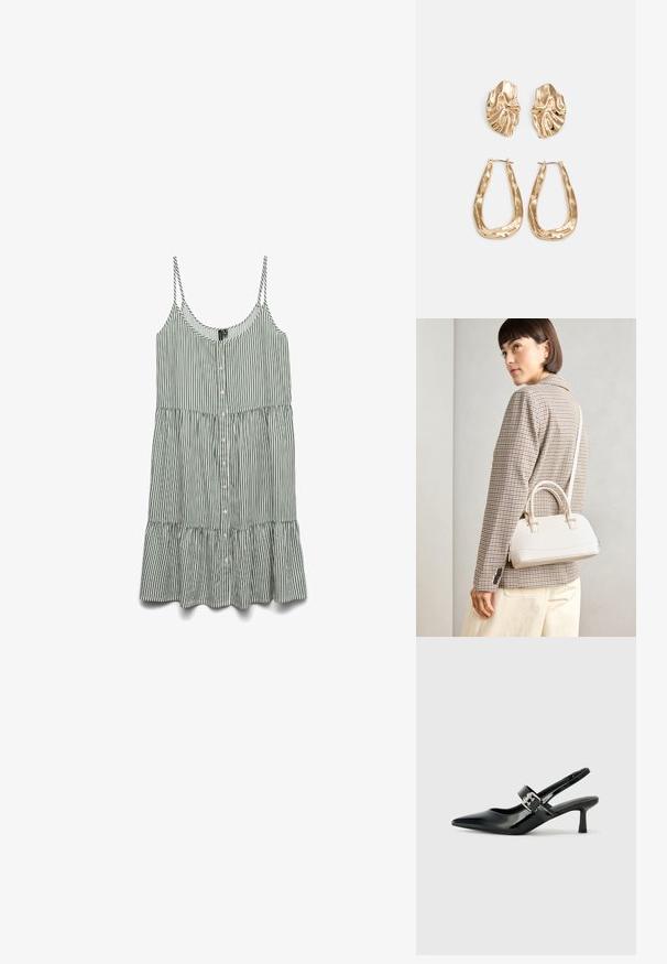 Pasiasta zielono-biała sukienka bez rękawów z guzikami z przodu i falbaniastym dołem. Wykonana z lekkiego materiału z cienkimi ramiączkami.; Czarne lakierowane szpilki slingback z wąskim noskiem i małym słupkiem, z ozdobnym srebrnym klamrą na pasku.; Biała torebka o strukturalnym kształcie z krótkimi uchwytami i paskiem na ramię, z złotymi akcentami i teksturowanym materiałem, prezentowana na szarym tle.; Złote kolczyki w odcieniu, prezentujące teksturowane, faliste kształty. Zawierają rzeźbiarskie klipsy i otwarty projekt kółek z młotkowanym wykończeniem.