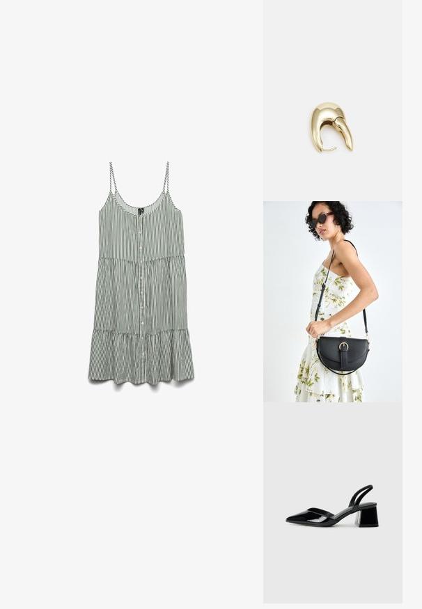 Pasiasta zielono-biała sukienka bez rękawów z guzikami z przodu i falbaniastym dołem. Wykonana z lekkiego materiału z cienkimi ramiączkami.; Czarne lakierowane półbuty na obcasie z wydłużonym noskiem i geometrycznym słupkiem. Charakteryzują się eleganckim, minimalistycznym designem oraz gładką fakturą.; Czarna skórzana torebka o zakrzywionym kształcie, z odpinanym paskiem i złotymi akcentami. Torebka posiada klapę z zapięciem w kształcie klamry.; Złote metalowe kolczyki o eleganckim, zakrzywionym kształcie. Posiadają charakterystyczny szpiczasty kształt, polerowaną powierzchnię oraz zapięcie na zawias.