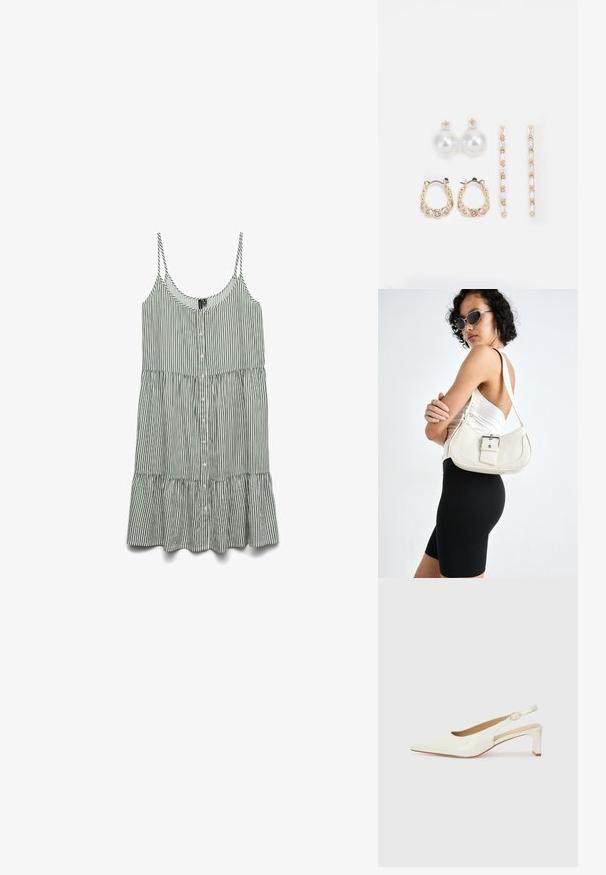 Prugasta zelena in bela brezrokavna obleka z gumbi spredaj in nabranim robom. Narejena iz lahkega blaga z tankimi naramnicami.; Bele begaste usnjene slingback čevlje z ostrim nosom in nizkim blokastim peto. Imajo diskreten trak z zlatim podrobnostim s sponko.; Bela usnjena torbica s ukrivljeno obliko, nastavljivim trakom in majhnim detajlom s sponko. Model nosi oprijet črno obleko.; Tri para uhani: veliki beli biserni uhani, zlate obroče s prozornimi dragulji in dva dolga, ravna zlate uhan s svetlečimi podrobnostmi.