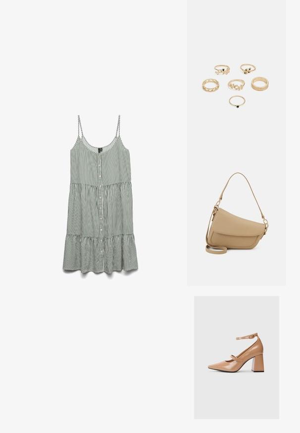 Ribadest roheline ja valge ilma varrukateta kleit, millel on nööbid ees ja volangääre. Valmistatud kergest kangast, millel on õhukesed rihmad.; Beež patendi nahast kõrged kontsad terava nina, pahkluu rihmaga ja paksu ruudukujulise kontsaga. Sile tekstuur ja läikiv viimistlus.; Even&Odd Käekott - beige; Kuuest kuldrõngast koosnev komplekt, millel on erinevad kujundid: punutud, lehemotiivid ja ühtlased ribad; mõned neist on roheliste vääriskivide aktsentidega.