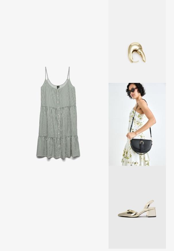 Pasiasta zielono-biała sukienka bez rękawów z guzikami z przodu i falbaniastym dołem. Wykonana z lekkiego materiału z cienkimi ramiączkami.; Złote, metaliczne szpilki z boku z wydłużonym noskiem i grubym obcasem. Gładka faktura, minimalistyczny design i wąski pasek.; Czarna skórzana torebka o zakrzywionym kształcie, z odpinanym paskiem i złotymi akcentami. Torebka posiada klapę z zapięciem w kształcie klamry.; Złote metalowe kolczyki o eleganckim, zakrzywionym kształcie. Posiadają charakterystyczny szpiczasty kształt, polerowaną powierzchnię oraz zapięcie na zawias.