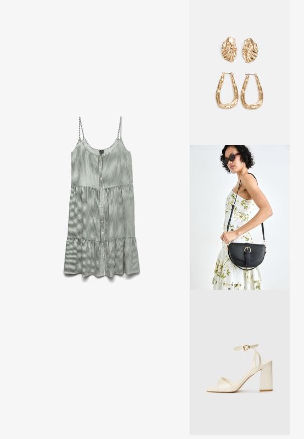 Ruožuotas žalias ir baltas be rankovių suknelė su mygtukais priekyje ir banguotu apvadu. Pagaminta iš lengvos medžiagos su plonais petnešėlėmis.; Kreminės spalvos aukštakulniai sandalai su atvira nosimi, storu blokuotu kulnu, plona kulkšnies juosta ir subtiliu blizgesiu. Žakardo akcentas ant juostos.; Juodas odinis krepšys su išlenkta forma, nuimamu dirželiu ir auksiniais detalėmis. Krepšys turi kilpą su sagtimi.; Auksinės auskarai, turintys tekstūruotus, bangų formos elementus. Įeina skulptūriniai segami auskarai ir atviri lankai su išmuštu paviršiumi.