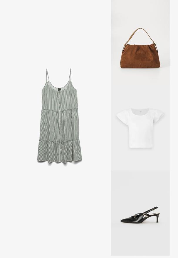 Svītrains zaļš un balts bezpiedurkņu kleitas modelis ar pogām pa priekšu un kraukļu apakšmalu. Izgatavots no viegla auduma ar plānām siksnām.; Balta īsām piedurknēm piegriezta virsma ar puffed pleciem un apaļu dekoltē, izgatavota no ribotas auduma, no GAP, izmērs vidējais.; Melna ādas striķa kurpe ar uzsistām purngalām, ar plānām joslām un metāla sprādzēm, uz 6 cm tievā papēža. Gluda tekstūra.; Brūna zamšāda soma ar savilkšanas dizainu, kurai ir viena gaiši brūna ādas siksna un smalka zelta logo detaļa priekšpusē.