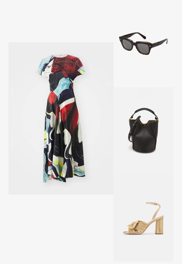 Lengva medžiaga, suknele maxi su multicolor abstrakčiu raštu, susidedančiu iš raudonos, mėlynos, baltos ir juodos spalvų. Trumpomis rankovėmis ir prigludusia liemene.; Auksinės kulno sandalai su susuktų priekiu, godžių tekstūra ir kulkšnies juosta. Bloko kulnas turi briaunotą dizainą, kuris pagerina sukibimą.; Stačiakampiai saulės akiniai su vėžlio kaulo plastiko rėmu, tamsiais lęšiais ir sidabrinėmis detalėmis šonuose. Pagaminta Italijoje.; Juodas odinis kibiro tipo krepšys su tekstūruotu paviršiumi, auksiniais detalėmis ir atvira viršūne. Yra trumpa rankena ir reguliuojama petneša.