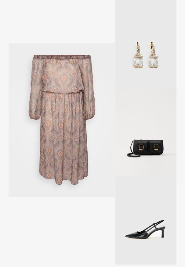 Schulterfreies Langarmkleid aus hellbraunem Stoff mit Paisleymuster in warmen Tönen. Elastischer Taillenbund und lockere Passform.; Schwarze Lack-Slingback-Pumps mit spitzem Zehenbereich, versehen mit strukturiertem Schlangenprint, verstellbarem Riemen und einem kurzen, strukturierten Blockabsatz.; Schwarze Leder-Umhängetasche mit zwei vorderen Taschen, goldenen Schnallen, Reißverschluss und einem schmalen Tragegurt. Texturierte Oberfläche und kompakte rechteckige Form.; Ohrringe in Goldfarbe mit einem rechteckigen, durchsichtigen Kristall, der unter einer Reihe kleiner, runder klarer Akzente hängt. Elegantes, modernes Design.