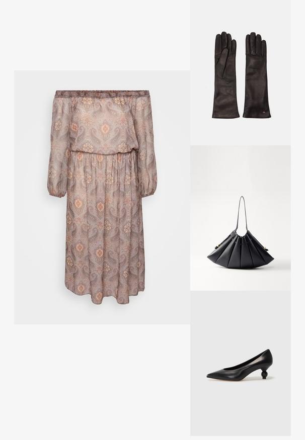 Oficialiai pečių suknelė ilgomis rankovėmis šviesiai rudos spalvos audinio su paisley raštu šiltose tonacijose. Elastinga juosmens juosta ir laisva forma.; Juoda odinė aukštakulnė bateliai su smailiu pirštu ir apvaliu, iškiliu kulnu. Lygus paviršius su elegantišku, minimalistiniu dizainu.; Juodas klostuotas rankinukas, pagamintas iš glotnaus odos, su vienu rankenėle, auksiniais akcentais ir geometrinės struktūros forma.; Weekend Max Mara SENAPE - Pirštinės - nero