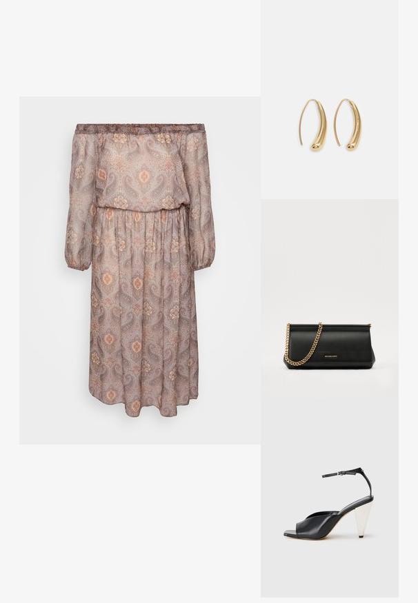 Vestido de manga larga y palabra de honor en tela color marrón claro con un estampado de paisley en tonos cálidos. Cintura elástica y corte holgado.; Sandalia de tacón alto de cuero negro con punta abierta, diseño asimétrico, tirante en el tobillo y tacón en forma de cono metálico. Textura suave en toda la superficie.; Cartera de mano de piel negra con una correa de cadena dorada, que presenta una textura suave, forma rectangular y un logotipo en relieve en la parte frontal.; Pendientes de aro de metal en tono dorado con una forma curva y alargada. Presentan una superficie lisa y brillante y una punta redondeada para mayor detalle.