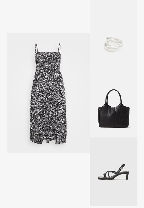 Juoda gėlių sudėtinė suknelė iki kelių, turinti prigludusį liemenį, reguliuojamas špagato petnešas ir smulkiai susukta juosmenį. Audinys yra minkštas ir lengvas.; Juodi šlepetės su kvadratiniu pirštu ir žemu bloku kulnu. Yra keli ploni dirželiai ir reguliuojamas kulkšnies diržas. Pagaminti iš lygios odos.; Juodas odinis nešiojamas krepšys su lygiu paviršiumi, struktūrine forma, dviem rankenėlėmis ir ryškiu sidabriniu sagties akcentu priekyje.; Sidabrinis dvigubas žiedas su lygiu, poliruotu paviršiumi. Pasižymi sklandžiu, kreiptu dizainu su persipinančiomis dalimis, suteikiančiomis modernų išvaizdą.