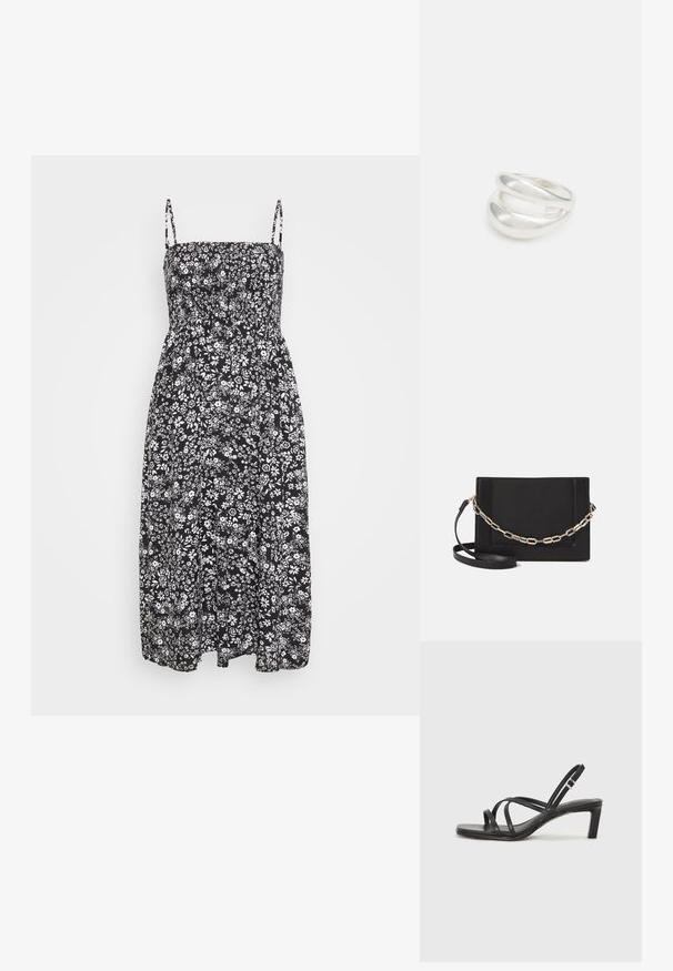 Czarna sukienka midi w kwiaty z dopasowaną górą, regulowanymi ramiączkami spaghetti oraz marszczoną talią. Materiał ma miękką, lekką fakturę.; Czarne sandały na obcasie z prostokątnym noskiem i niskim słupkowym obcasem. Posiadają wiele cienkich pasków i regulowany pasek na kostkę. Wykonane z gładkiej skóry.; Czarna skórzana torebka typu crossbody z gładką teksturą, prostokątnym kształtem oraz metalowym detalem w postaci łańcuszka z przodu. W zestawie regulowany pasek.; Srebrna obrączka podwójna z gładką, polerowaną powierzchnią. Posiada płynny, zakrzywiony kształt z nakładającymi się sekcjami, co nadaje nowoczesny wygląd.; Srebrna obrączka podwójna z gładką, polerowaną powierzchnią. Posiada płynny, zakrzywiony kształt z nakładającymi się sekcjami, co nadaje nowoczesny wygląd.