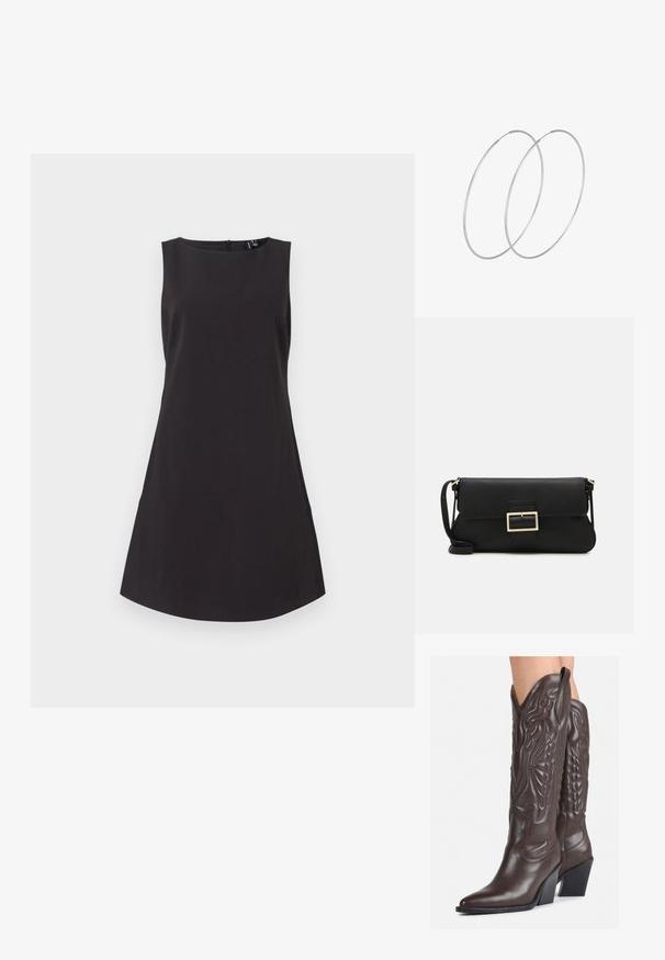 Juoda be rankovių suknelė, turinti apvalų kaklą ir platėjantį siluetą. Pagaminta iš lygios medžiagos su paslėptu užtrauktuku nugaroje.; Rudos odinės kaubojaus batai su smailiu priekiu ir blokuotu kulnu, pasižymintys detaliu siuvinėjimu ir iškiliais akcentais ant ašies.; Juodas odinis dėkliukas su atvarteliu ir auksinės metalinės sagties detalėmis. Įeina juodas diržas ir elegantiškas, minimalistinis dizainas.; Sidabrinės pusmėnulio auskarai minimalistiniu dizainu. Apskritimo forma, lygus paviršius ir plonas profilis. Lengvi su poliruotu apdailu.