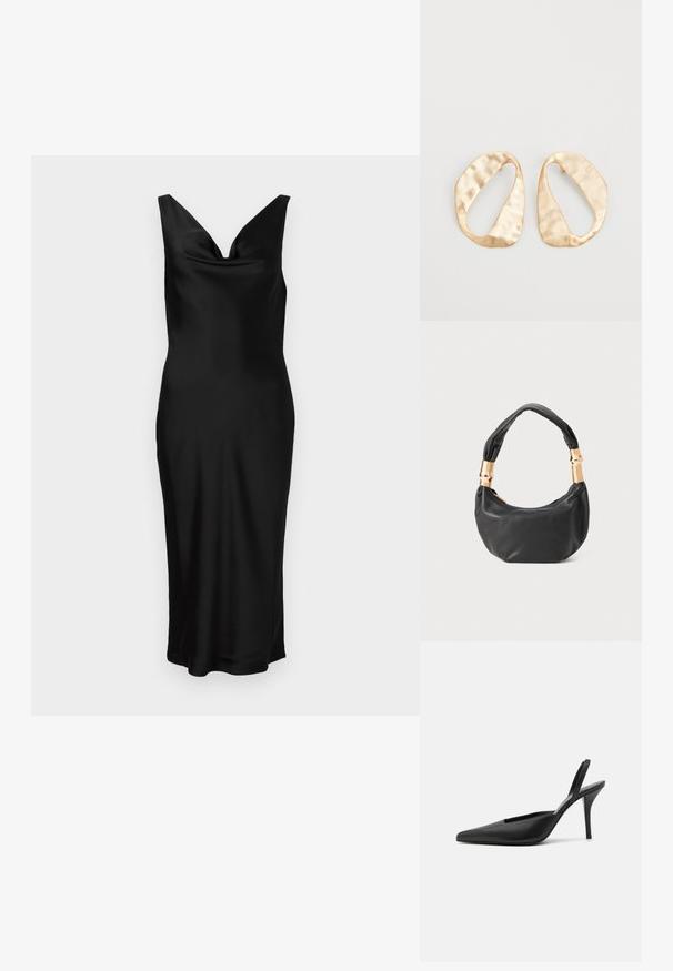 Vestido de cetim preto com decote em V e design sem mangas. O ajuste justo apresenta um corpete drapeado e cai até a altura da metade da panturrilha. Textura suave.; Sapatos de salto aberto pretos com biqueira afiada, material de couro suave e um design elegante e minimalista. Salto alto de agulha.; Mala de mão em couro preto com forma redonda, textura suave e alça com nó, apresentando detalhes em metal dourado. Fecho em zíper.; Par de brincos irregulares em forma oval, feitos de metal dourado, com uma superfície texturizada e ligeiramente martelada, sobre um fundo branco.