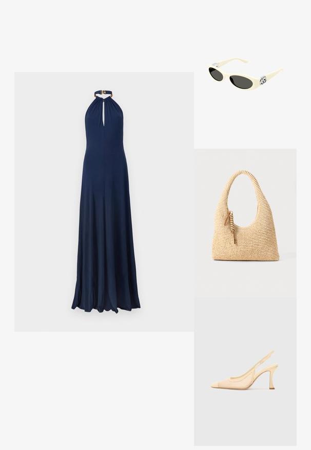 Jūras spēka halter stila kleita ar atslēgas caurumu un savāktu audumu ap kaklu. Plūst līdz grīdai ar gludu, vienmērīgu tekstūru.; Gaismas bēša krāsas sietiņkrūšbikses augstpapēžu kurpe ar smailu purngalu un plānu, izliekta papēža daļu, kas rotāta ar minimālistisku sprādzi.; Kremkrāsas sauļošanās brilles ar ovālām lēcām, melnu tonējumu un metāla logotipa akcentiem pie tempļiem. Gluda tekstūra, kaķa acs dizains.; Auduma bēšs rokassomu ar izliekto rociņu, strukturētu virsmu un brūna pušķa detaļu. Iespējama vaļīga, hobo forma.