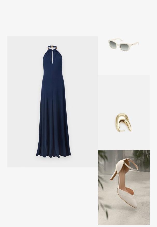 Jūrinės spalvos halter stiliaus suknelė su raktų angos išpjova ir surinkta medžiaga apykaklės srityje. Krenta iki grindų su glotnia ir lygaus paviršiaus tekstūra.; Balti aukštakulniai bateliai iš lygios medžiagos su smailiu pirštu ir kulkšnies dirželiu. Yra šviesiai rudos spalvos vidus ir auksinės spalvos detalės.; Baltos plastikinės akinių nuo saulės su katės akių forma, gradientiniai pilki lęšiai, tvirtos šventyklos ir aukso logotipo detalės šone.; Aukso tono metalinės auskarai su stilingu, kreiviu dizainu. Išsiskiria ryškiu smailiu pavidalu, poliruota paviršiumi ir užsegimu su vyriu.