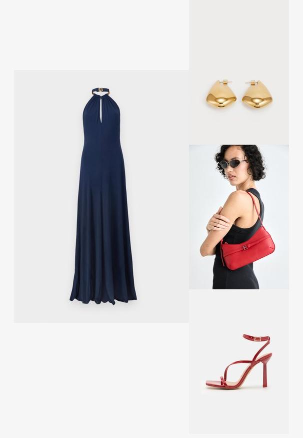 Námornícky šaty s opaskom za krk, so výrezom v tvare kľúča a nariasenou látkou pri výstrihu. Plynulo sa rozširujú až k zemi s hladkou, jemnou textúrou.; ALDO SCINTILLA - Sandále na vysokom opätku - red; Červená kožená taška cez rameno s hladkým povrchom, zakriveným dizajnom a dekoračnou sponou. Nastaviteľný popruh a zips.; Náušnice z kovu v zlatej farbe s hladkým, zaobleným trojuholníkovým tvarom a dizajnom na zapichovanie; reflexný povrch s minimálnymi detailmi.