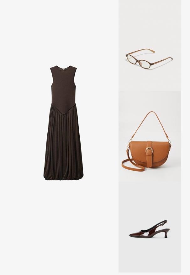 Rochie maro fără mâneci, cu un top Ajustat și o fustă voluminoasă, pliată. Confecționată dintr-un material moale, cu o textură netedă și decolteu rotund.; Pantofii slingback din piele patent maro, cu vârful ascuțit și un toc moderat. Prezintă o curea cu prindere pentru o potrivire sigură. Textură netedă.; Ochelari în nuanță de țestoasă maro, cu lentile ovale, brațe subțiri și accente transparente. Prezintă un logo subtil pe tâmplă. Design elegant și ușor.; Geantă din piele maro, tip crossbody, cu o formă curbată, accesorii aurii și un accent cu cataramă. Dispune de un curea de umăr detașabilă.