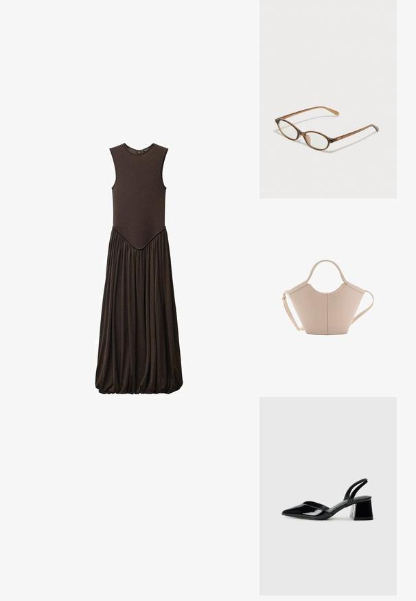 Rochie maro fără mâneci, cu un top Ajustat și o fustă voluminoasă, pliată. Confecționată dintr-un material moale, cu o textură netedă și decolteu rotund.; Pantofi cu toc slingback din piele lacuită neagră, cu vârf ascuțit și toc geometric. Prezintă un design elegant, minimalist și o textură netedă.; Ochelari în nuanță de țestoasă maro, cu lentile ovale, brațe subțiri și accente transparente. Prezintă un logo subtil pe tâmplă. Design elegant și ușor.; Geantă de mână bej din piele cu o formă unică, dotată cu două mânere scurte și o curea lungă ajustabilă. Textură netedă, cu hardware minim.