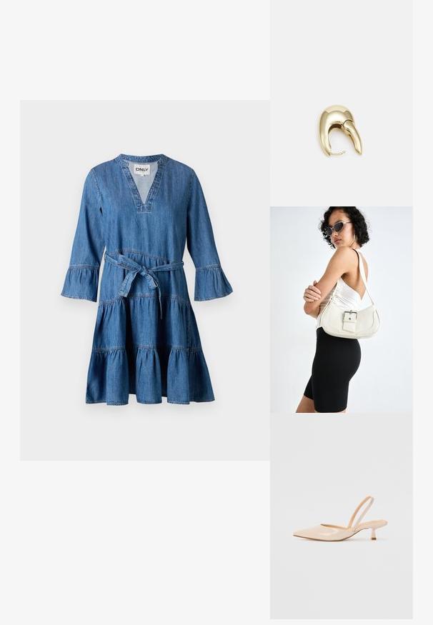 Denimkjole med V-hals, trekvart lange, utsvingte ermer, belte i midjen og lagdelt volangnederste kant. Har lyseblå sømmer og en avslappet passform.; Beige patenterte lærremmer med spiss tå og slank, firkantet hæl. Glatt tekstur og minimalistisk design uten dekorasjoner.; Hvit lær håndveske med en buet form, justerbar stropp og en liten spenne-detalj. Modellen har på seg en tettsittende svart antrekk.; Gullfarget metalløredobber med et elegant, buet design. Har en karakteristisk spiss form, polert overflate og hengsel-lukking.