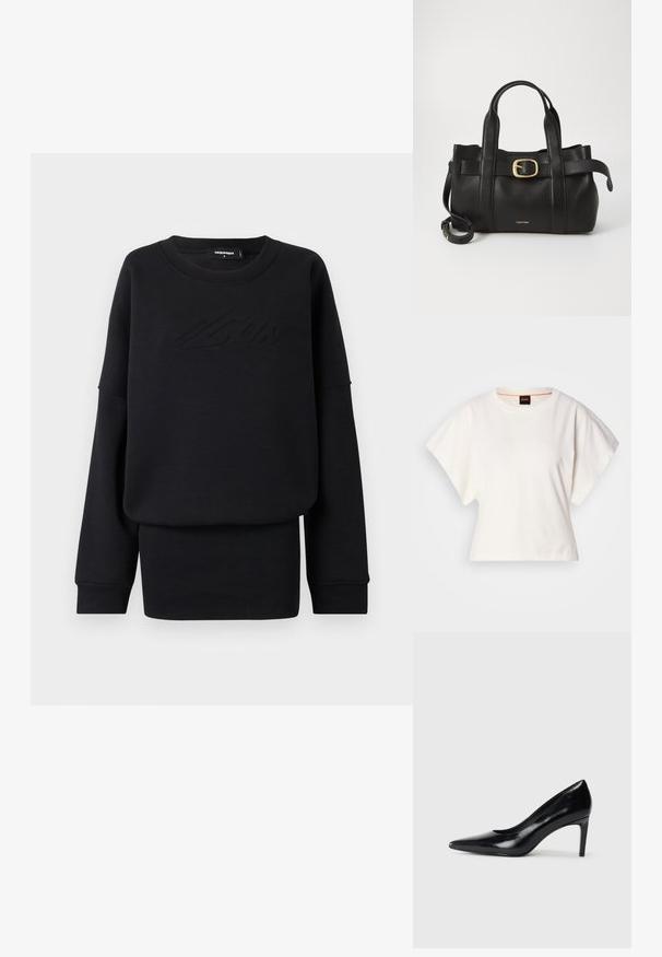 Sudadera negra hecha de una tela suave, con cuello redondo, mangas largas y un logotipo en relieve en la parte delantera. Corte regular y textura suave.; Camiseta blanca recortada, con mangas cortas y anchas, material de algodón suave, cuello redondo con un sutil ribete naranja, diseño minimalista, sin patrones ni gráficos.; Zapato de tacón alto de cuero negro con punta afilada, textura suave y tacón en forma de cono. Diseño minimalista, sin adornos adicionales.; Bolso de cuero negro con un diseño estructurado, doble mango superior, detalle de hebilla en tono dorado y logo de la marca grabado en la parte frontal.