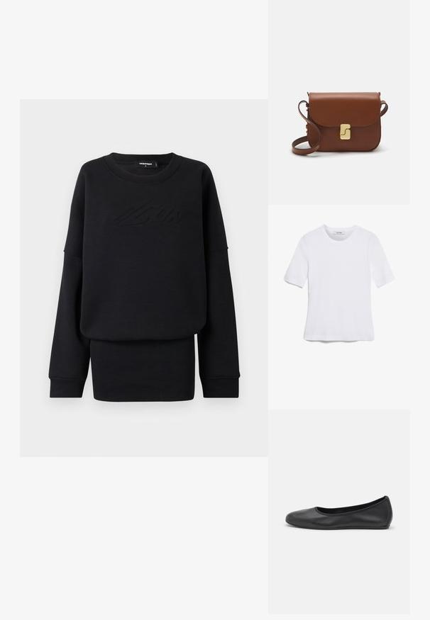 Crni dukserica od mekog materijala, s okruglim izrezom, dugim rukavima i utisnutim logotipom sprijeda. Standardni kroj i glatka tekstura.; Bijela majica s kratkim rukavima izrađena od rebraste tkanine. Okrugli izrez, klasičan kroj i suptilni detalji šivanja. Bez uzoraka ili grafika.; Crne kožne baletanke s zaobljenim vrhom, glatke teksture, minimalnim detaljima šavova i fleksibilnim dizajnom potplata.; Smeđa kožna torba s preklopom, zlatnim detaljima, remenom za nošenje preko ramena i glatkom teksturom. Kompaktni pravokutni oblik.