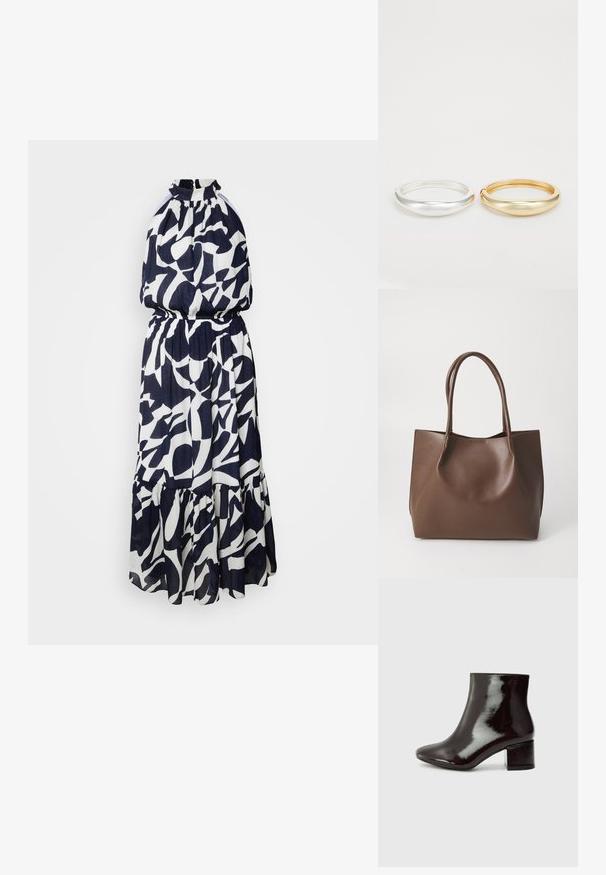 Morgan Koktélruha / Partiruha - multico; Fekete lakkbőr bokacsizma hegyes orral és vastag sarokkal. Simás textúra finom fényű, letisztult vonalakkal, minimalista design.; Barna bőr tote táska két hosszú fogantyúval, strukturált alakú, sima felületű és minimalista dizájnnal. Nincs látható fémrész vagy díszítés.; Zign 2 PACK - Karkötő - gold-coloured/silver-coloured