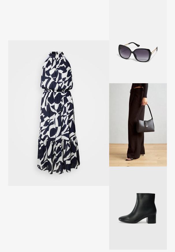 Morgan Robe de soirée - multico; Bottines en cuir noir avec un bout pointu et un talon épais. Texture lisse avec des accents minimalistes et un design élégant et ajusté.; Lunettes de soleil noires surdimensionnées avec des verres dégradés, monture épaisse et détails en chaîne dorée sur les branches.; Sac à main noir à la forme structurée, texture lisse et fermoir métallique. Associé à un pantalon noir ample et des sandales ouvertes sur un sol en bois.