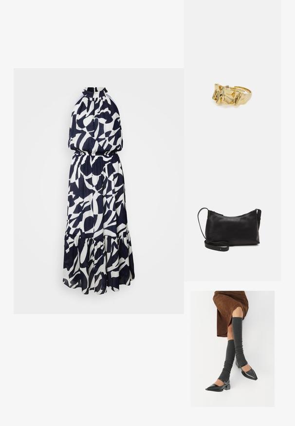 Morgan Koktel haljina / svečana haljina - multico; Crne lakirane cipele s šiljastim prstima, blok-petom i remenom oko gležnja, uparene s sivim rebrastim čarapama do koljena i smešnom suknjom od antilopa.; Crna kožna torba na rame s glatkom teksturom, zakrivljenim oblikom, podesivim remenom i zatvaranjem na patentni zatvarač. Minimalistički dizajn bez ukrasa.; Zlatni prsten s teksturiranim, valovitim dizajnom koji ima tri istaknuta vrha. Glatka, sjajna površina s otvorenom trakom za podešavanje veličine.