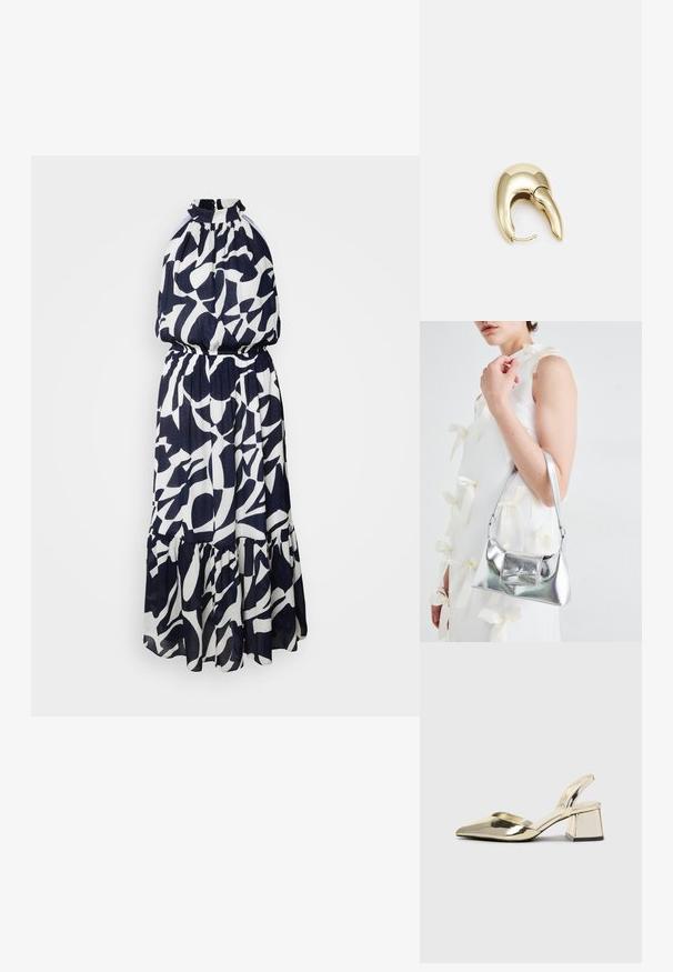 Morgan Koktailové šaty/večierkové šaty - multico; Zlaté kovové lodičky na podpätku so špicatou špičkou a robustným podpätkom. Hladký povrch, minimalistický dizajn a úzka remienok.; Strieborná metalická kabelka so štruktúrovaným tvarom, ktorá má hornú rukoväť a mašľu na prednej strane. Hladká textúra, reflexný povrch.; Náušnice z kovu v zlatej farbe s elegantným, zakriveným dizajnom. Majú charakteristický špicatý tvar, leštený povrch a uzáver na pánt.