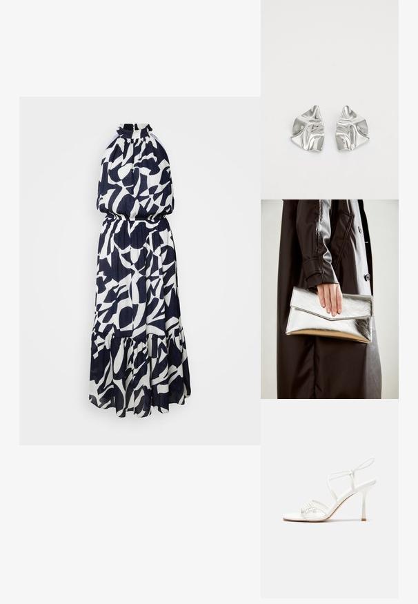 Morgan Robe de soirée - multico; Sandale à talons hauts blanche avec une base de orteil plate, devant texturé avec des accents froncés et une fine bride à la cheville.; Pochette métallique argentée avec un design d'enveloppe angulaire, texture lisse et couleur intérieure contrastante, tenue dans une main portant un manteau noir.; Boucles d'oreilles en métal argenté avec un design ondulé et sculptural, présentant une finition polie et des formes irrégulières, mettant en valeur une esthétique contemporaine.