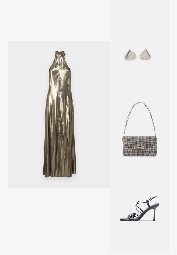 Metalna zlata halter obleka do tal z elegantno silhueto, ki ima visok ovratnik in gladko, sijočo teksturo.; Črne visoke sandale na peto imajo tanke naramnice z vozlom, gladek kvadratni toe in eleganten stiletto peto.; Svetlo siva kovinska torbica z verižnim ročajem, okrašena z majhnimi okroglimi kovinskimi bleščicami in trikotnim logotipom blagovne znamke.; Srebrne uhane z gladko, kapljično obliko in poliranim finishem. Nežna graviranja dodajajo detajle. Minimalističen dizajn.