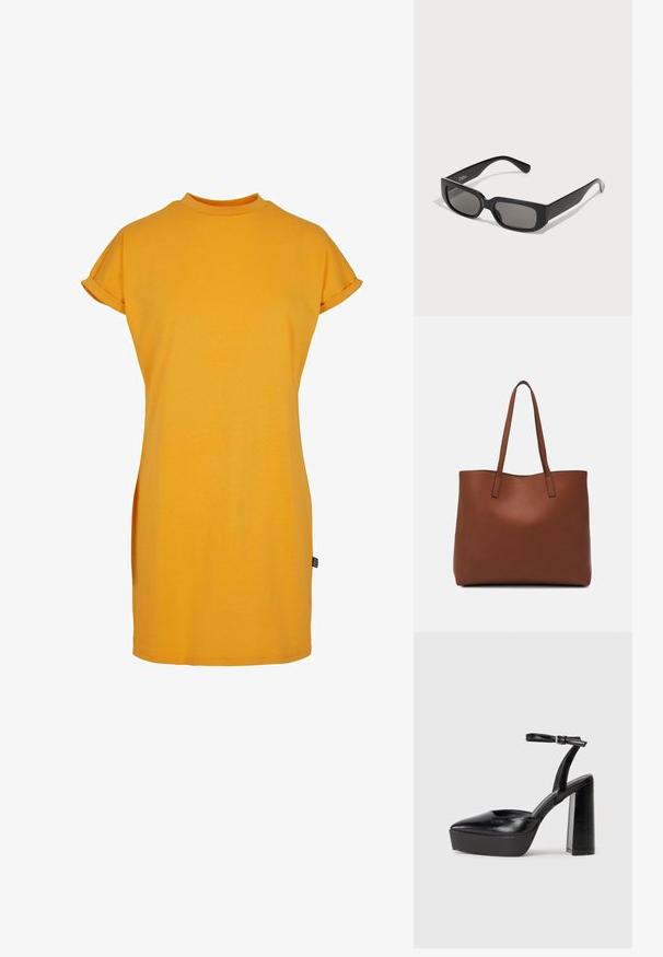 Robe t-shirt jaune avec un col haut, des manches courtes retroussées et une coupe décontractée. Tissu en coton doux avec des fentes sur les côtés pour un mouvement facile.; Escarpins noirs à plateforme avec un bout pointu et une sangle réglable à la cheville. Conçus en cuir lisse, avec un large talon bloc.; Lunettes de soleil rectangulaires noires avec des verres teintés gris, fabriquées en plastique lisse. Présente un design minimaliste avec des branches droites et un branding subtil.; Sac fourre-tout en cuir marron avec une texture lisse, design à ouverture supérieure et deux poignées pour le porter à l'épaule. Présente des coutures minimales et aucun matériel visible.