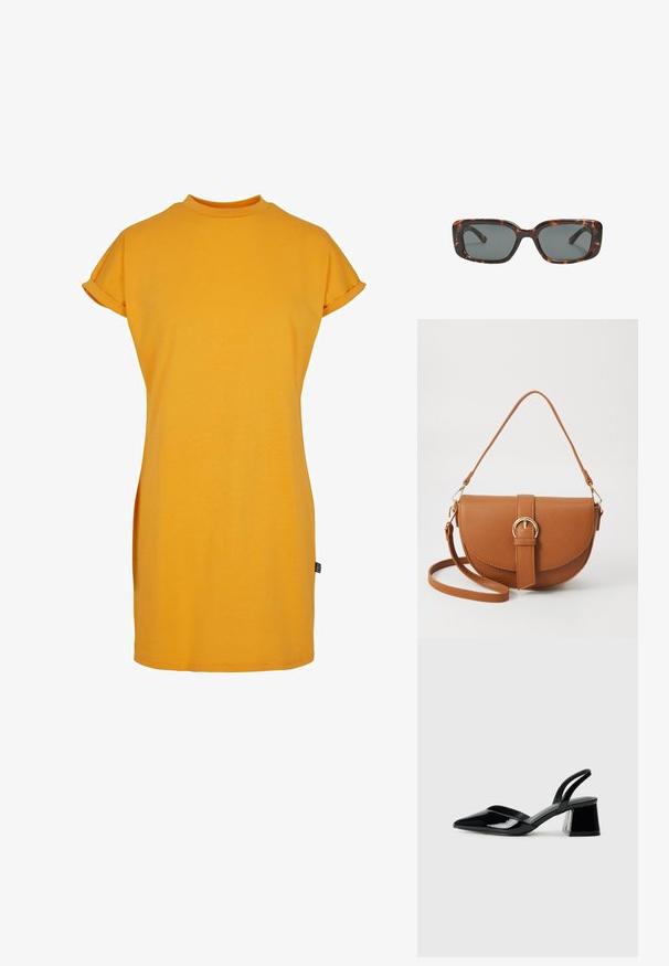 Rumena majica obleka z visokim ovratnikom, kratkimi zavitimi rokavi in sproščenim krojem. Mehka bombažna tkanina z bočnimi režami za lažje gibanje.; Črne lakirane slingback pete s koničastim nosom in geometrijsko blokasto peto. Imajo eleganten, minimalističen dizajn in gladko teksturo.; Sonce, ki je oblikovana v tortoščkovem vzorcu, ima pravokotne leče, debele okvirje in temne leče. Ima gladko teksturo in minimalističen dizajn.; Rjava usnjena torbica prek telesa s ukrivljeno obliko, zlate opreme in sponko. Ima odstranljiv naramni trak.