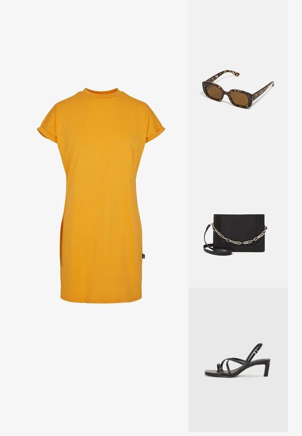 Geel t-shirtjurk met een hoge halslijn, korte opgerolde mouwen en een relaxte pasvorm. Zacht katoenen stof met zijsplitten voor gemakkelijke beweging.; Zwarte sandaal met bandjes, vierkante teen en een lage blokhak. Voorzien van meerdere dunne bandjes en een verstelbare enkelband. Gemaakt van zacht leer.; Tortoiseshell zonnebril met een ronde, stevige montuur en bruine lenzen. Heeft subtiele patronen en rechte, taps toelopende veren.; Zwarte leren schoudertas met een gladde textuur, rechthoekige vorm en een metallic kettingdetail aan de voorkant. Verstelbare schouderband inbegrepen.