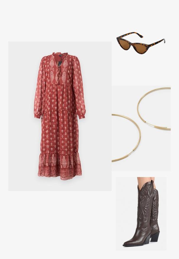 Rode maxi-jurk met bloemenpatroon, lange mouwen, een gerimpelde zoom, een strik in de hals en een gestructureerde stof voor een lichte uitstraling.; Bruine leren cowboylaarzen met een spitse neus en blokhak, voorzien van gedetailleerde stiksels en verhoogde accenten op de schacht.; Cat-eye zonnebril met een zwart en oranje schildpadframe, bruine lenzen en slanke, puntige uiteinden. Bevat een minimalistisch logo op de poot.; Gouden oorringen, dun en rond van vorm, met een gladde metallic afwerking en zonder versieringen of patronen.