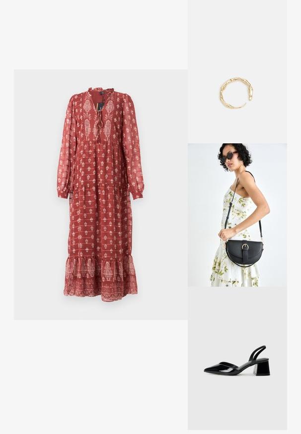 Červené maxi šaty s kvetinovým vzorom, dlhými rukávmi, volánkovým lemom, viazaním okolo krku a textúrovanou tkaninou pre ľahký vzhľad.; Čierne lakované kožené sandálové podpätky s špicatou špičkou a geometrickým blokovým podpätkom. Disponujú elegantným, minimalistickým dizajnom a hladkým povrchom.; Čierna kožená kabelka s zaobleným tvarom, odnímateľným popruhom a zlatými doplnkami. Kabelka má klopu s detailom s prackou.; Prsteň v zlatej farbe s organickým, skrúteným dizajnom, hladkým povrchom a zužujúcimi sa koncami, vytvárajúci moderný, sochársky vzhľad.