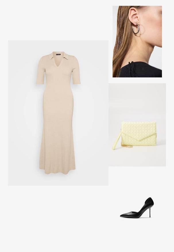 Beige ribakudumine kleit V-kaelusega ja lühikeste varrukatega. Omab kraed ja flare'emega seelikut, mis ulatub pahkluuni. Ühtlane tekstuur kogu kleidi ulatuses.; Must läikivast nahast stiletto-konts, millel on terav nina ja lõigatud küljed. Sile tekstuur ja kõrge, saledapoolne konts loovad elegantse silueti.; Kollane kudumine käekott, millel on klapp disain, eemaldatav randme rihm ja kuldne ahelakaunistus. Sile tekstuur ja ristkülikuline kuju.; Hõbedane rõngas kõrvarõngas poleeritud viimistlusega, millel on väikesed kuldsed aktsendid ja ümmargune kuju, kantud lobus.