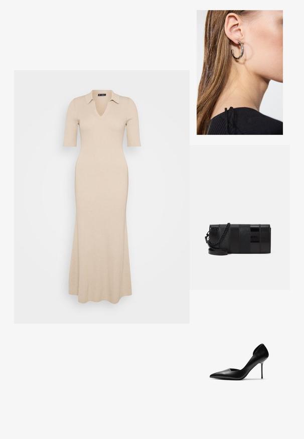 Beige bordázott kötött ruha V-nyakkal és rövid ujjú kivitelben. Gallérral és bokáig érő, bővülő szoknyával rendelkezik. Az anyag sima tapintású.; Fekete bőr stiletto sarok, hegyes orral és kivágott oldalakkal. A sima textúra és a magas, vékony sarok elegáns sziluettet alkot.; Fekete kiegészítő táska, amely fényes, texturált panelek kombinációjából készült, láncos pánttal. Téglalap alakú, sima felülettel és diszkrét díszítésekkel.; Ez egy ezüst fülbevaló, sima felülettel, amelyen apró arany díszítőelemek találhatók. Kerek formájú és a fülcimpán viselik.