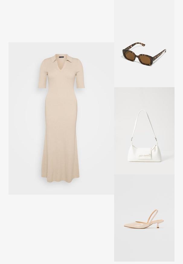Robe en tricot côtelé beige avec un décolleté en V et des manches courtes. Dotée d'un col et d'une jupe évasée longueur cheville. Texture lisse tout au long.; Escarpins slingback en cuir verni beige avec un bout pointu et un talon carré fin. Texture lisse et design minimaliste sans ornement.; Lunettes de soleil en écaille de tortue avec une monture ronde et épaisse et des verres marron. Présente des motifs subtils et des branches droites et effilées.; Sac à main synthétique blanc en forme triangulaire, avec un rabat avant plat et un détail en nœud, une bandoulière ajustable, une texture lisse et un design minimaliste.