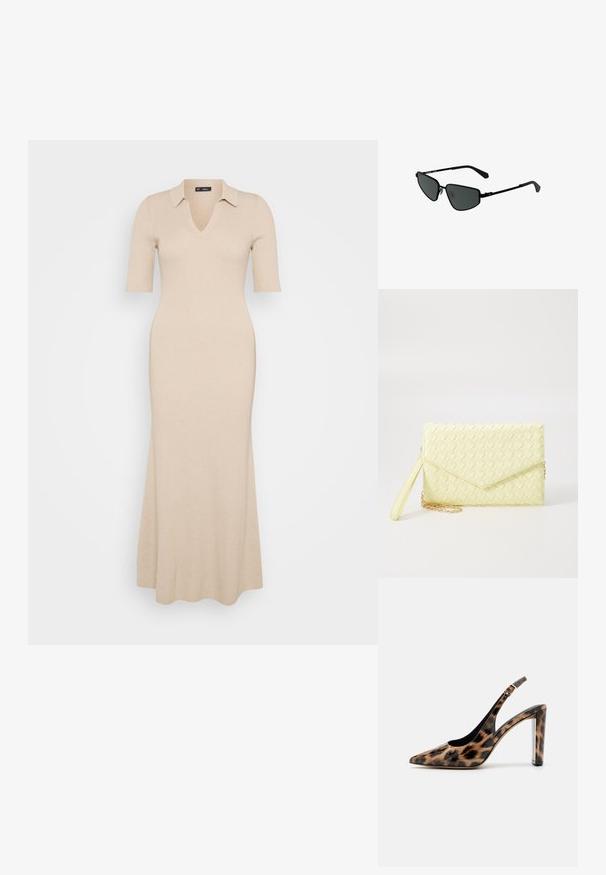 Bežs ribots džemperkleitas ar V veida izgriezumu un īsām piedurknēm. Iespējams, ka tam ir apkakle un plandoša svārku daļa līdz potītēm. Gluda tekstūra visā virsmā.; Lāču raksta slingback kurpes ar norādītu purngalu un caurspīdīgu bloku papēdi. Izgatavotas no spīdīgas masas ar gludu tekstūru.; Melnās metāla saulesbrilles ar leņķveida rāmjiem un tumšiem stikliem. Tām ir plānas, taisnas kājas un deguna spilventiņi drošai piegulšanai.; Dzeltena austs kabata ar atloku dizainu, noņemamu plaukstas siksnu un zeltītu ķēdes akcentu. Gluda tekstūra un taisnstūra forma.