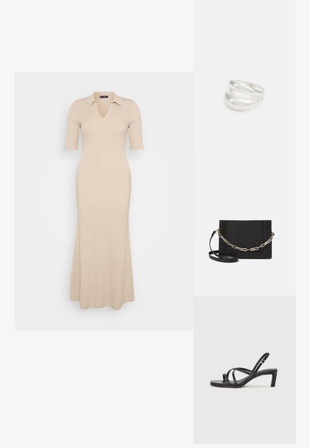 Bež haljina od rebraste pletenine s V-izrezom i kratkim rukavima. Ima ovratnik i raširen kroj suknje do članaka. Cjelokupna površina je glatka.; Crne sandale s trakama, kvadratnim prstom i niskom blok petom. Ima više tankih trakica i podesivu trakicu oko gležnja. Izrađene su od glatke kože.; Crna kožna torba preko tijela s glatkom teksturom, pravokutnim oblikom i metalnim lancem na prednjoj strani. Uključena je podesiva naramenica.; Srebrna dvostruka prsten s glatkom, poliranom površinom. Karakterizira ga fluidan, zakrivljen dizajn s preklapajućim sekcijama za moderan izgled.