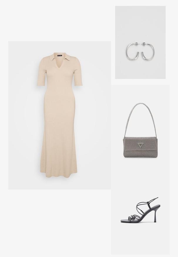 Bežinė raštuota megzta suknelė su V formos iškirpte ir trumpomis rankovėmis. Yra apykaklė ir platėjanti sijono dalis iki kulkšnies ilgio. Visoje suknelėje glotni tekstūra.; Juodos aukštakulnės sandalai pasižymi plonyčiais dirželiais su mazgo dizainu, lygiu kvadratiniu pirštu ir elegantišku stiletto kulnu.; Šviesiai pilka metalinė rankinė su grandinėlės dirželiu, papuošta mažais apvaliais metaliniais smeigėmis ir trikampiu prekės ženklu.; Sidabrinės auskarai žiedai su lygiu, blizgiu paviršiumi. Suapvalinta forma, lengvas dizainas, su uždarymu ant smeigtuko.